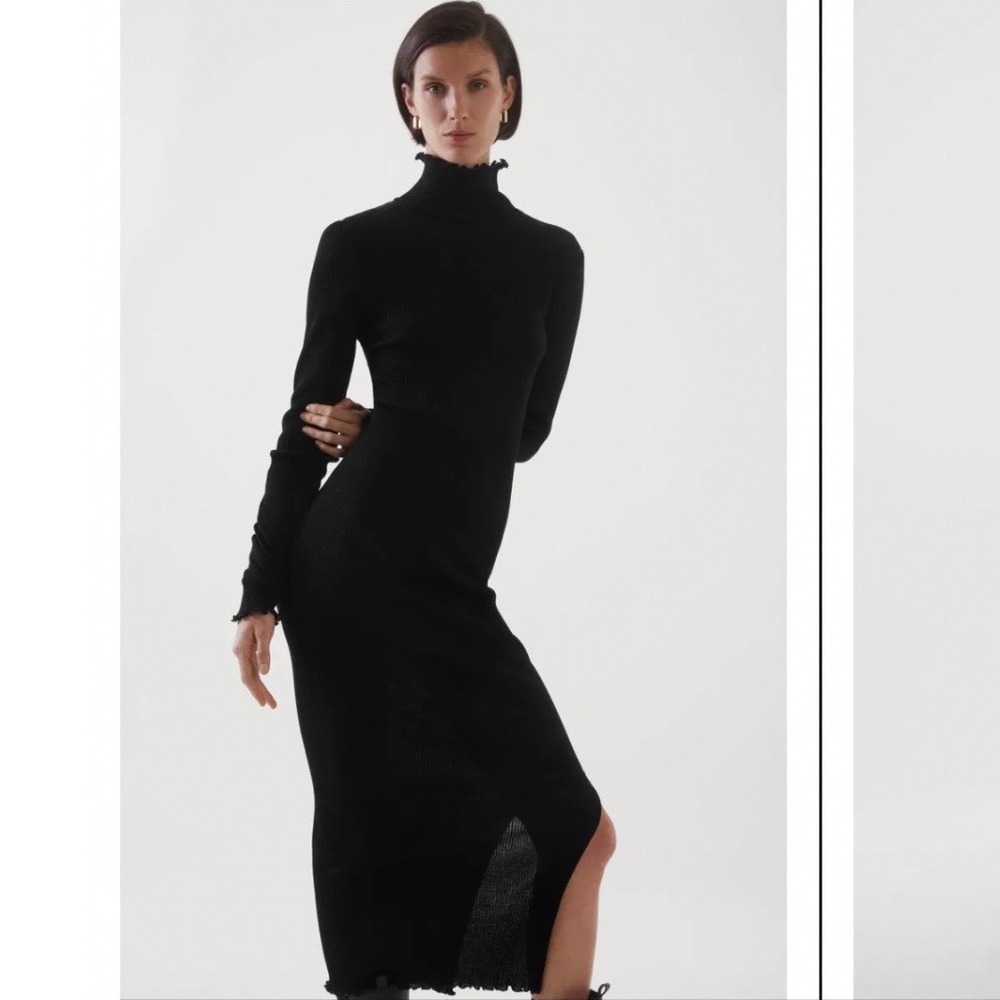 COS Black Ribbed Knit Turtleneck Midi Dress Lettuce Edge Trim Slit Size S